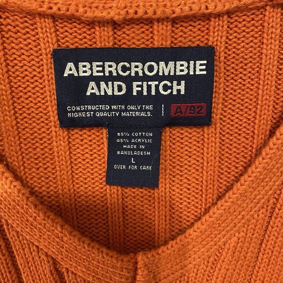 Abercrombie Fitch Ribbed Sweater Mens Sz L Orange V Neck Logo - Picture 3 of 6
